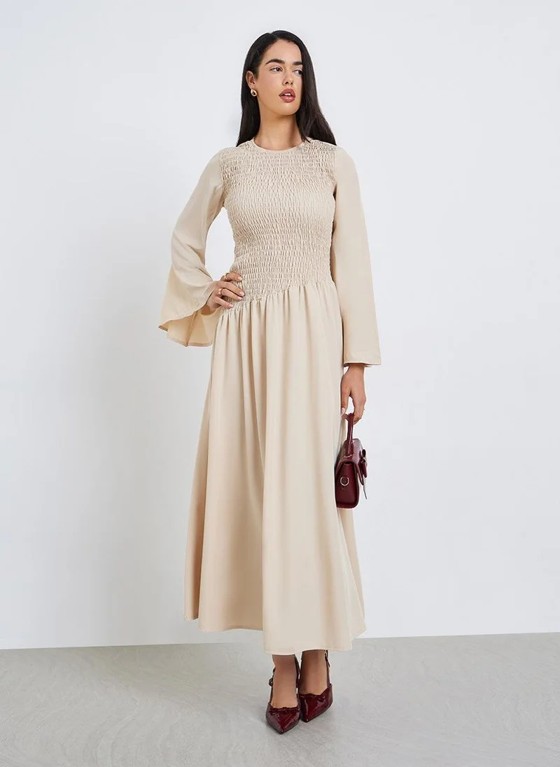 Styli Women Beige Smocked Detail A-Line Midi Dress